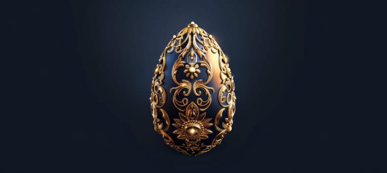 A sophisticated easter card design showcases a golden faberge-style egg with intricate ornate details. the egg is illuminated softly against a deep navy blue background, exuding a sense of luxury and elegance ideal for festive print designs.