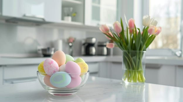 Modern kitchen featuring a minimalist design with pastel easter eggs in a glass bowl. a vase of fresh tulips brightens the white countertop, offering a serene holiday ambiance perfect for spring themed decor and lifestyle inspirations.