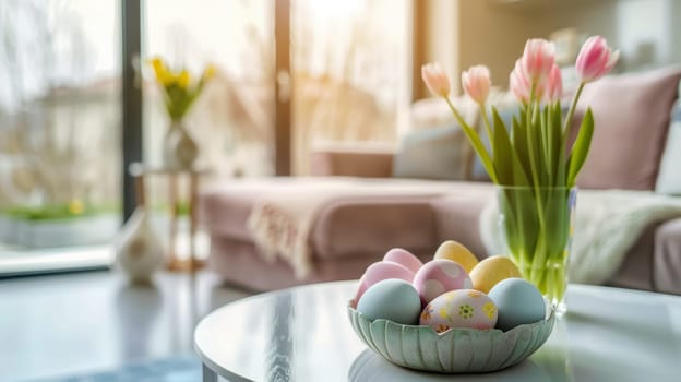Modern living room features pastel-colored easter decorations, including a vase of tulips and a bowl of painted eggs on a sleek coffee table. natural light adds a cozy ambiance, enhancing the festive yet elegant holiday setting.