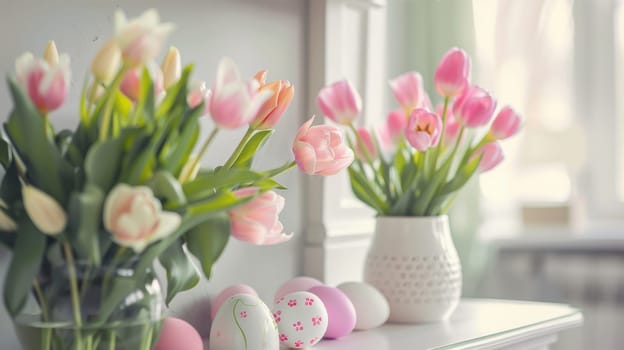 Contemporary easter decorations in a stylish living room setting. the sleek white fireplace mantel is adorned with pastel-colored eggs and fresh tulips in a vase, enhancing the elegant and serene ambiance with clean lines and soft hues.