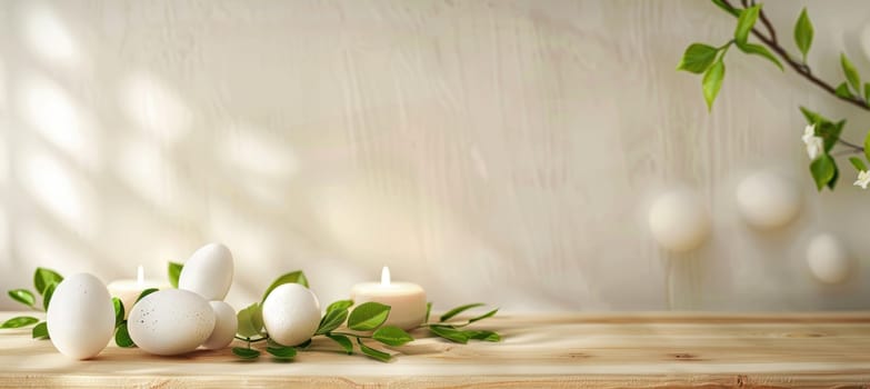 Elegant wooden table adorned with white easter eggs, vibrant green leaves, and subtle candlelight. the minimalist setup creates a serene atmosphere, the simplicity and beauty of natural decor elements for a tranquil setting.