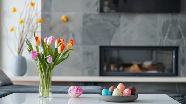 Modern open-plan living room featuring easter decorations, including a sleek fireplace, a vase of colorful tulips, and a minimalist display of painted easter eggs on a white coffee table, blending festive charm with contemporary design.