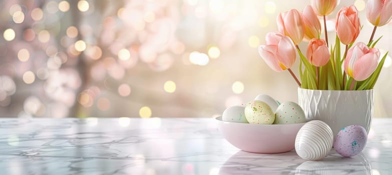Elegant easter scene with a white marble surface showcasing a vase of fresh tulips and a bowl of decorated easter eggs. soft natural light and a bokeh background enhance the serene, festive atmosphere, ideal for spring-themed designs.