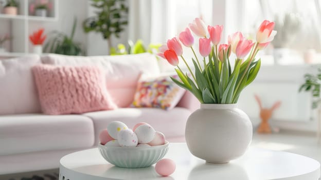 A modern living room setting showcases a minimalist easter theme. a sleek vase of pastel tulips sits elegantly on a white coffee table, paired with a bowl of decorated eggs, adding a touch of festive spring charm.