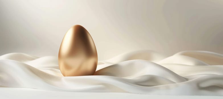 A minimalist easter greeting card featuring a central golden egg on a white background. the soft shadows and silky fabric create a luxurious and elegant feel, ideal for sophisticated holiday designs or high-end easter promotions.