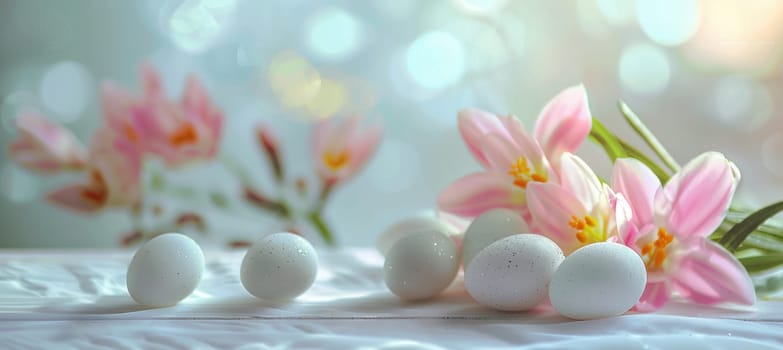 Elegant easter setting featuring pastel-colored eggs on a white wooden table. soft focus pink and yellow flowers bloom in the background, enhancing the fresh and minimalist spring atmosphere with gentle lighting.