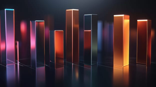 A futuristic 3d bar chart illustrating global market share of electric vehicle manufacturers in 2024. the bars feature sleek, metallic colors with a glossy finish, set against a sophisticated dark background, ideal for financial reports.