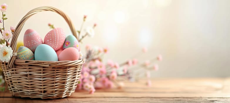 Wicker basket filled with vibrant painted easter eggs placed on a wooden table, surrounded by fresh spring blossoms. the warm, inviting atmosphere is perfect for festive decorations, greeting cards, or seasonal promotions.