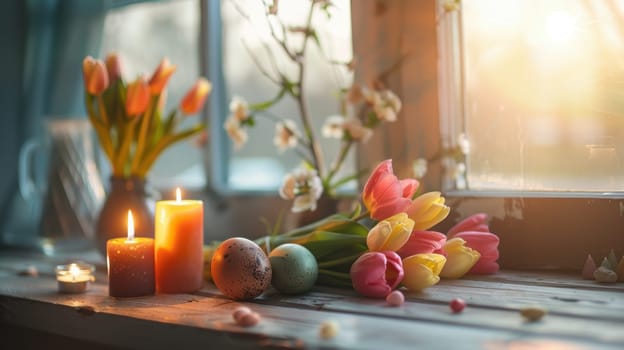 Vintage wooden table adorned with vibrant easter eggs, fresh tulips, and handmade candles. sunlight streaming through a window enhances the cozy ambiance, creating a perfect setting for springtime celebrations or easter gatherings.