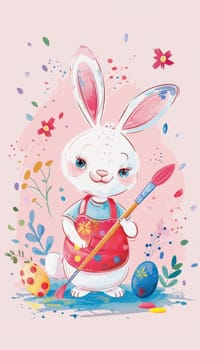 A playful cartoon-style easter card featuring a cheerful bunny dressed as an artist, joyfully painting colorful eggs. the soft pastel pink background is adorned with paint splatters and delicate flowers, capturing the essence of spring creativity.