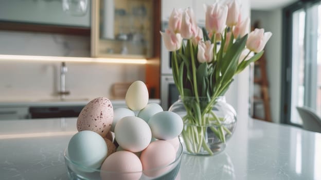 Sleek kitchen featuring white countertops adorned with pastel-colored easter eggs in a glass bowl and a fresh bouquet of tulips. the minimalist design emphasizes the elegance and simplicity of modern easter celebrations and decor.