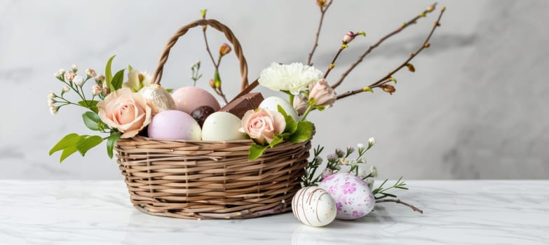 A modern easter gift basket featuring premium chocolates, pastel-colored eggs, and fresh flowers in a minimalist design. the woven basket sits on a white marble surface, complementing the spring theme with its elegant and natural elements.