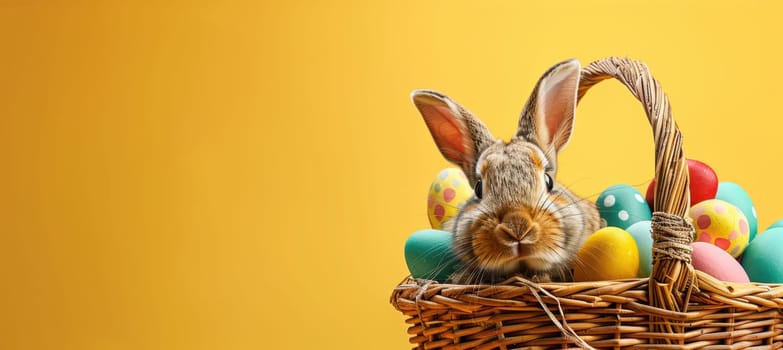A playful easter scene featuring a wicker basket filled with vibrant, colorful eggs, accompanied by a curious bunny peeking out. set against a bright yellow background, this image offers ample space for text, perfect for festive designs.