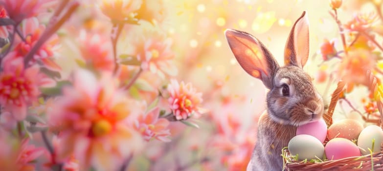 A charming bunny holding a basket of pastel-colored eggs amidst a vibrant, floral background, perfect for celebrating easter. the soft focus and warm colors evoke a sense of springtime joy and seasonal festivity.