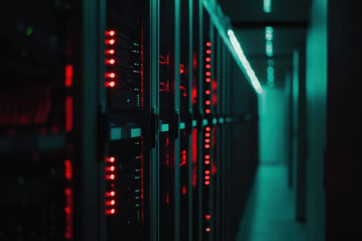 Cinematic perspective a single row of server racks in a data center. the focus is on vivid flashing lights and meticulously organized cables, with the background gently fading into darkness to emphasize the high-tech environment.