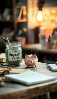 A charming small business office desk setup displaying a piggy bank and a "new business fund" jar. surrounding items include a notebook, pens, and a coffee cup, creating an atmosphere of entrepreneurship and financial planning.