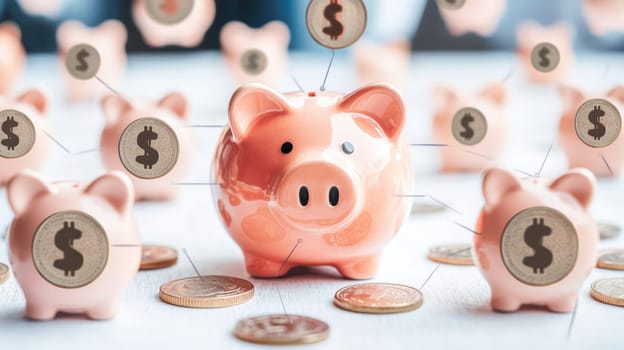 A piggy bank surrounded by diverse coins symbolizing teamwork and savings in a bright, modern office setting. the image reflects financial collaboration, goal setting, and the collective effort of saving money effectively.