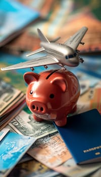 Piggy bank designed like an airplane set amid travel brochures and passports, symbolizing the concept of saving money for a big travel adventure. the backdrop includes a colorful world map, enhancing the theme of global exploration.