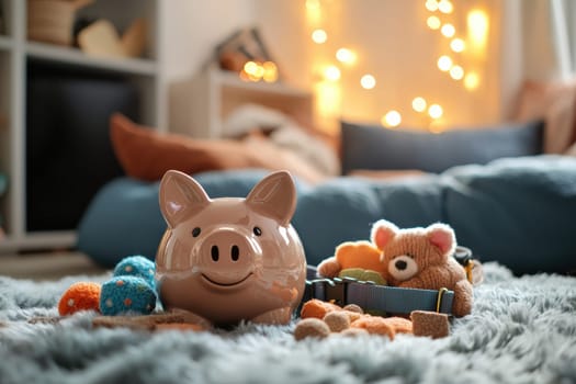 A piggy bank sits on a soft rug surrounded by colorful pet toys, treats, and a collar, symbolizing financial planning for pet care and veterinary expenses. the background features a cozy living room with a pet bed, creating a warm and inviting atmosphere.