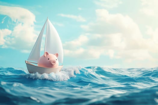 Symbolizing financial strategies, a piggy bank sails through crashing ocean waves under a bright sky. this creative scene illustrates the journey of managing finances amidst unpredictable circumstances in a metaphorical adventure.