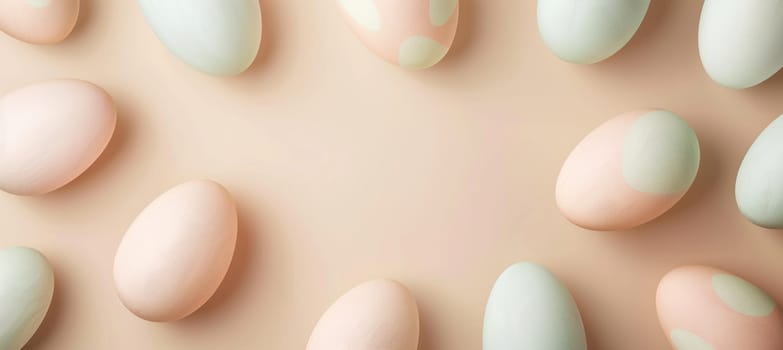 Pastel-colored easter eggs are arranged in a grid pattern on a soft background, offering a clean and elegant visual for holiday marketing. the composition allows space for branding and text, ideal for print or digital campaigns.