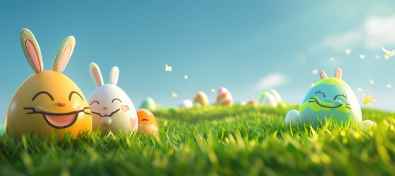Cartoon-style eggs with humorous faces and bunny ears are scattered across a lush green field under a clear blue sky. the playful arrangement and vibrant colors evoke a joyful easter theme. ample space is available for text or design elements.
