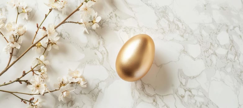 A modern easter card design featuring a single glossy gold egg centered on a white marble surface. delicate pastel floral accents gently frame the egg, enhancing the luxurious and sophisticated aesthetic, ideal for seasonal greetings.