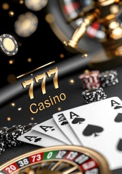Casino thrill: immersive world of poker, roulette, and iconic 777 symbols, showcasing excitement of chips and cards in vibrant atmosphere of chance, strategy, endless entertainment.
