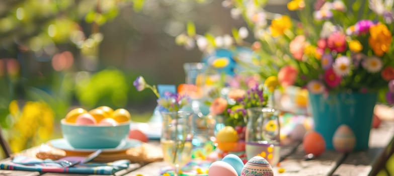 Vibrant easter brunch scene featuring a table adorned with colorful eggs and fresh spring flowers. ideal for festive event design, this banner provides ample room for text, making it perfect for invitations or promotional materials.