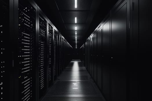 A dimly lit data center corridor showcases rows of server racks on both sides, emitting a soft glow from blinking lights. the scene conveys a high-tech environment focused on continuous data processing, reflecting innovation and security.