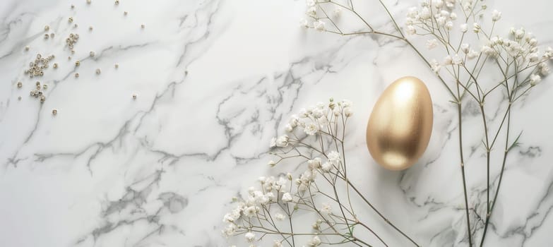 A modern easter card featuring a gold egg with a matte finish on white marble, adorned with delicate pastel floral accents. the minimalistic design highlights sophistication and elegance, perfect for seasonal greetings or decorative purposes.