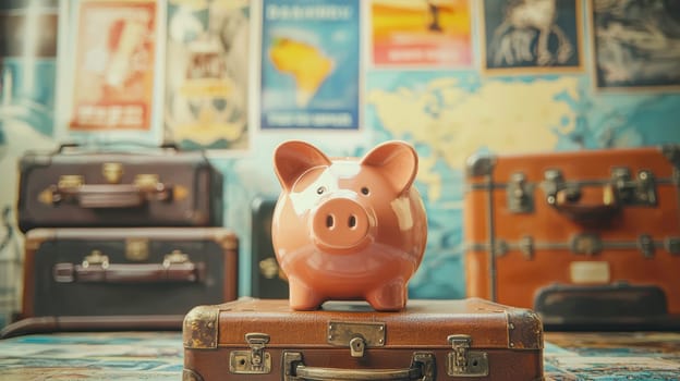A piggy bank sits atop suitcases against a backdrop of vintage travel posters and a world map, symbolizing saving for unforgettable, nostalgic trips. the retro travel agency theme evokes a sense of wanderlust and adventure.