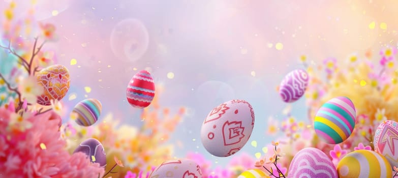 A vibrant easter theme featuring intricately patterned eggs floating amidst blooming flowers. the pastel background enhances the festive and whimsical atmosphere, providing ample space for text overlays, perfect for seasonal design projects.