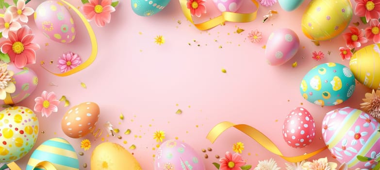 Vibrant easter-themed design featuring a wreath of pastel-colored eggs adorned with intricate patterns, surrounded by spring flowers and ribbons. the centered space offers an ideal area for text, making it perfect for festive cards or posters.
