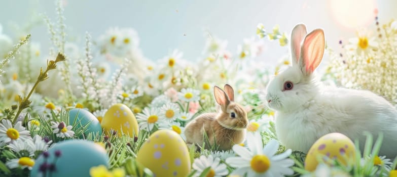A playful easter setting features a rabbit and chick nestled in a meadow of vibrant easter eggs and blooming daisies. the scene exudes a cheerful, lighthearted atmosphere, ideal for seasonal greetings or holiday-themed designs.