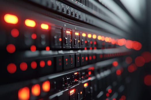 Close-up of a sleek black server panel in a data center, flashing led indicators. the intricate details and lights on the control panel emphasize the advanced technology and connectivity involved in modern data management.
