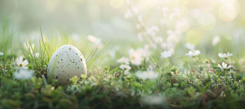A hand-painted easter egg rests in a lush bed of green grass and delicate wildflowers, with a soft-focus background enhancing its charm. perfect for seasonal decorations, cards, and posters celebrating easter and spring renewal.