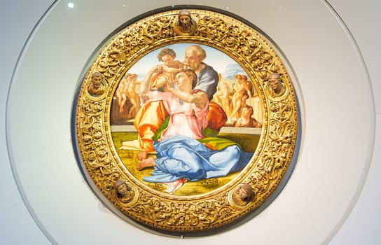 Florence, Italy, January 4, 2024: Tondo Doni. Michelangelo. Uffizi Gallery