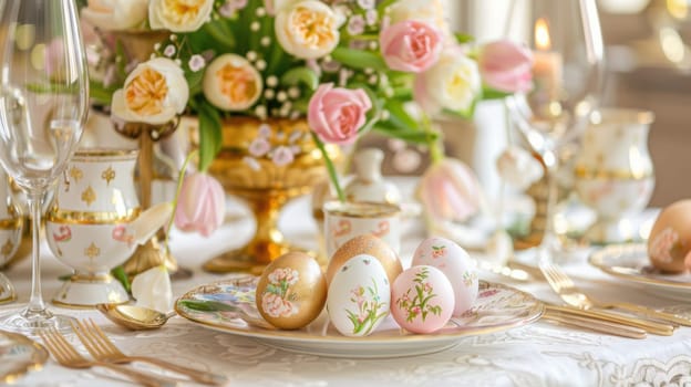 Luxurious easter table setting featuring fine china, golden cutlery, and a vibrant floral centerpiece of tulips and roses. elegantly decorated easter eggs enhance the festive atmosphere, perfect for a grand celebration or holiday poster.