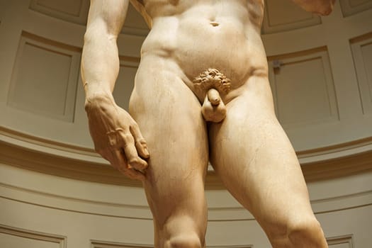 Florence, Italy, January 5, 2024: Sculpture of Michelangelo's David. Detail. Accademia Gallery