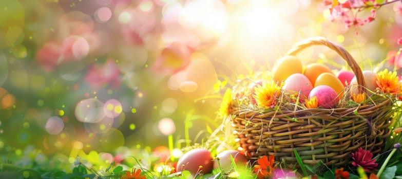 A wicker basket filled with colorful easter eggs and vibrant spring flowers sits on fresh green grass, bathed in warm sunlight. the background features blooming flowers and soft bokeh, offering ample negative space for text or design.