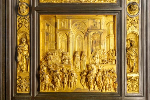 Florence, Italy, January 5, 2024: Solomon's Temple. The Queen of Sheba visits King Solomon. Bronze relief of the original Gates of Paradise. West door of the Florence Baptistery. Lorenzo Ghiberti. Museum of the Works of the Duomo.