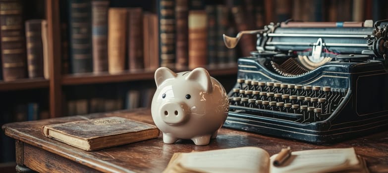 Piggy bank on a rustic wooden desk amidst antique books, classic typewriter, and quills. the scene evokes saving for vintage collections, nestled in the warm ambiance of a cozy library with richly paneled bookshelves.