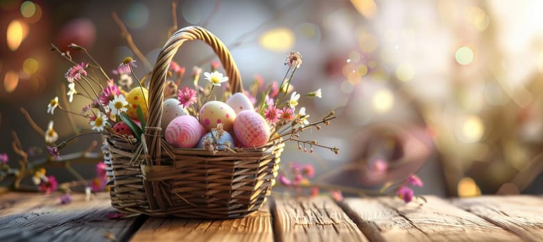 Wicker basket brimming with vibrant easter eggs and delicate spring flowers on a rustic wooden table. soft, natural lighting creates a warm, inviting atmosphere, making it ideal for holiday-themed decor, greeting cards, or festive invitations.
