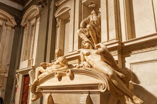 Florence, Italy, January 5, 2024: New sacristy of the Basilica of San Lorenzo in Florence. Tomb of Lorenzo de Medici, Duke of Urbino. Michelangelo