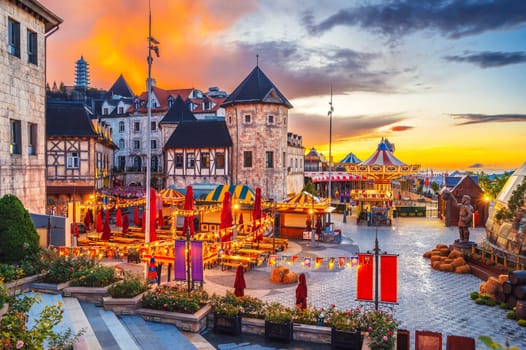 Beautiful view of the Medieval French village in the Ba Na Hills Park in Da Nang in Vietnam at sunset