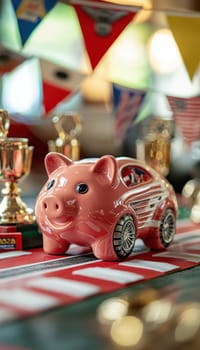 A piggy bank shaped like a race car sits on a racetrack model surrounded by miniature flags and trophies. the setup symbolizes saving for competitive hobbies or events, with a dynamic background enhancing the playful and ambitious theme.