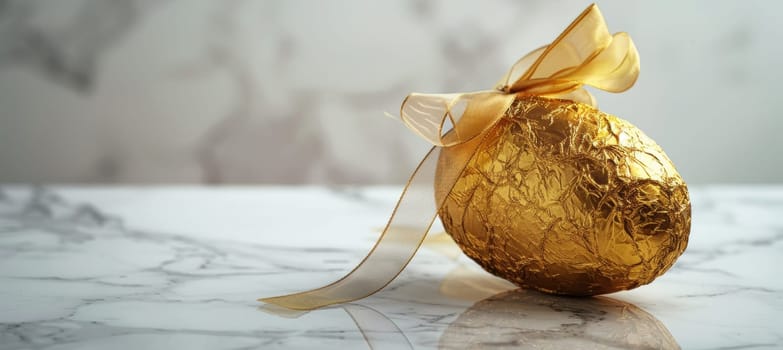 Luxurious chocolate easter egg adorned with gold foil and a delicate ribbon, set on a polished white marble surface. ideal for festive decoration, gift ideas, or holiday-themed print designs.
