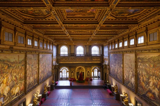 Florence, Italy, January 6, 2024: Hall of the Five Hundred. Palazzo Vecchio. Florence