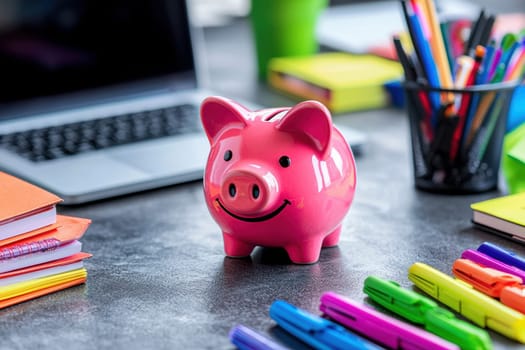 Piggy bank surrounded by notebooks, highlighters, and a laptop on a student's desk. symbolizes budgeting for academic resources and school supplies, emphasizing financial planning and educational preparedness in a focused study environment.